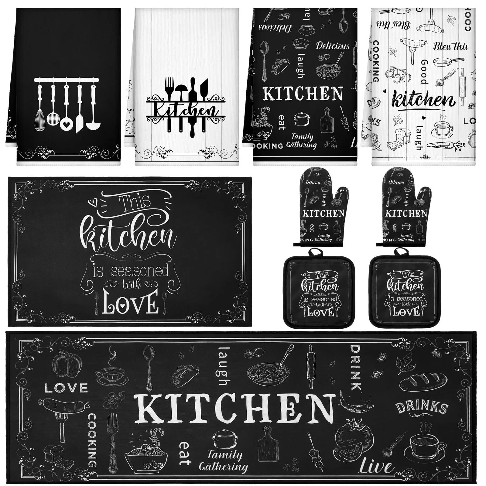 Fourluoo 10 Pcs Kitchen Towels Rugs Mats Set Oven Mitts Pot