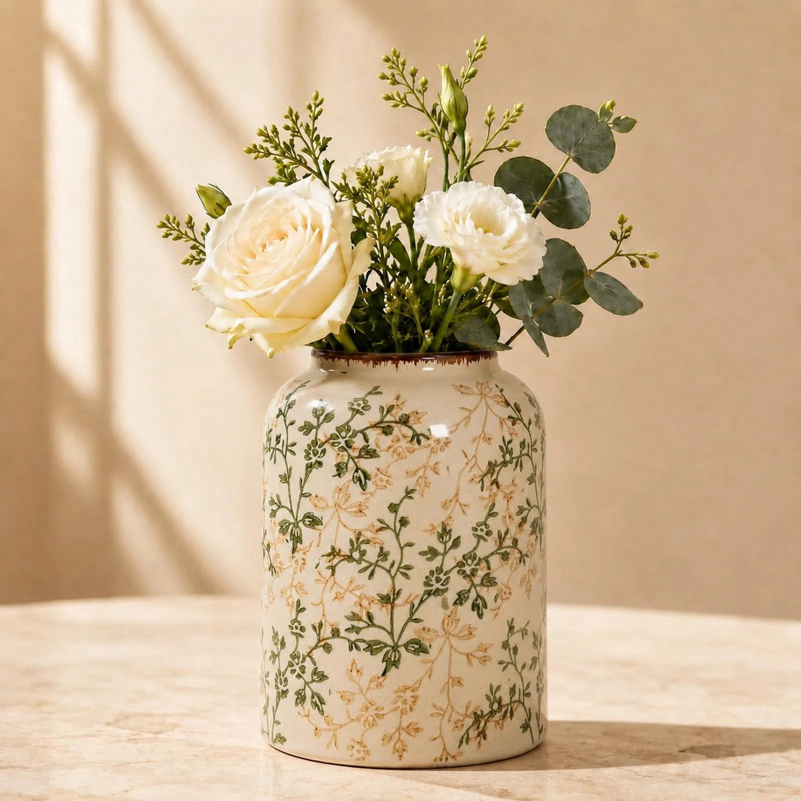 Rustic Tuscan Cream Ceramic Flower Vase