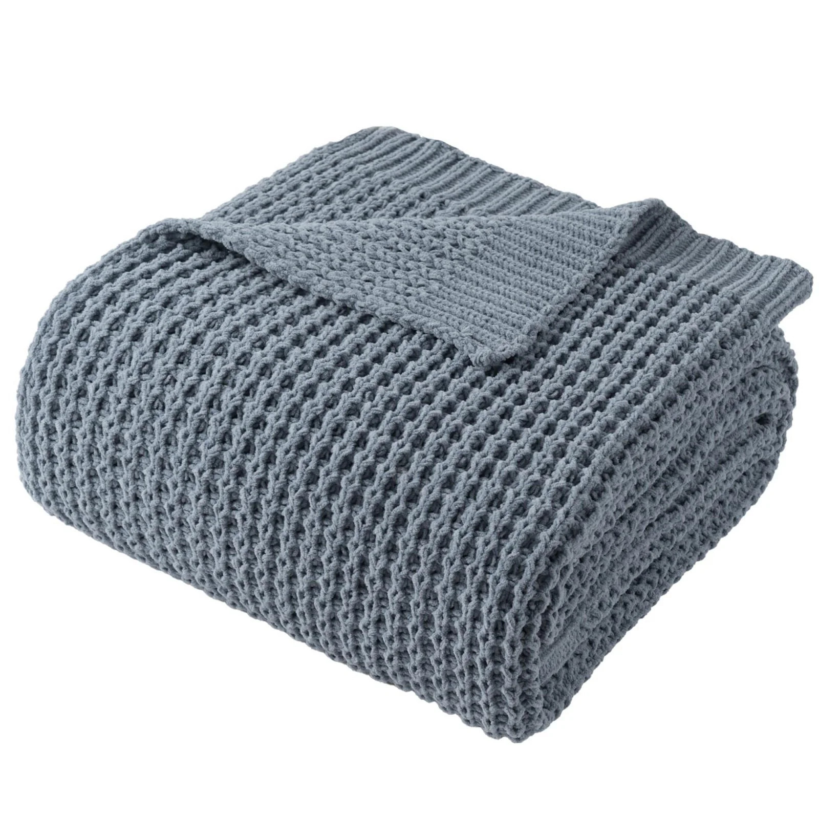 Blue Grey Throw Blanket for Couch Waffle Knitted Throw
