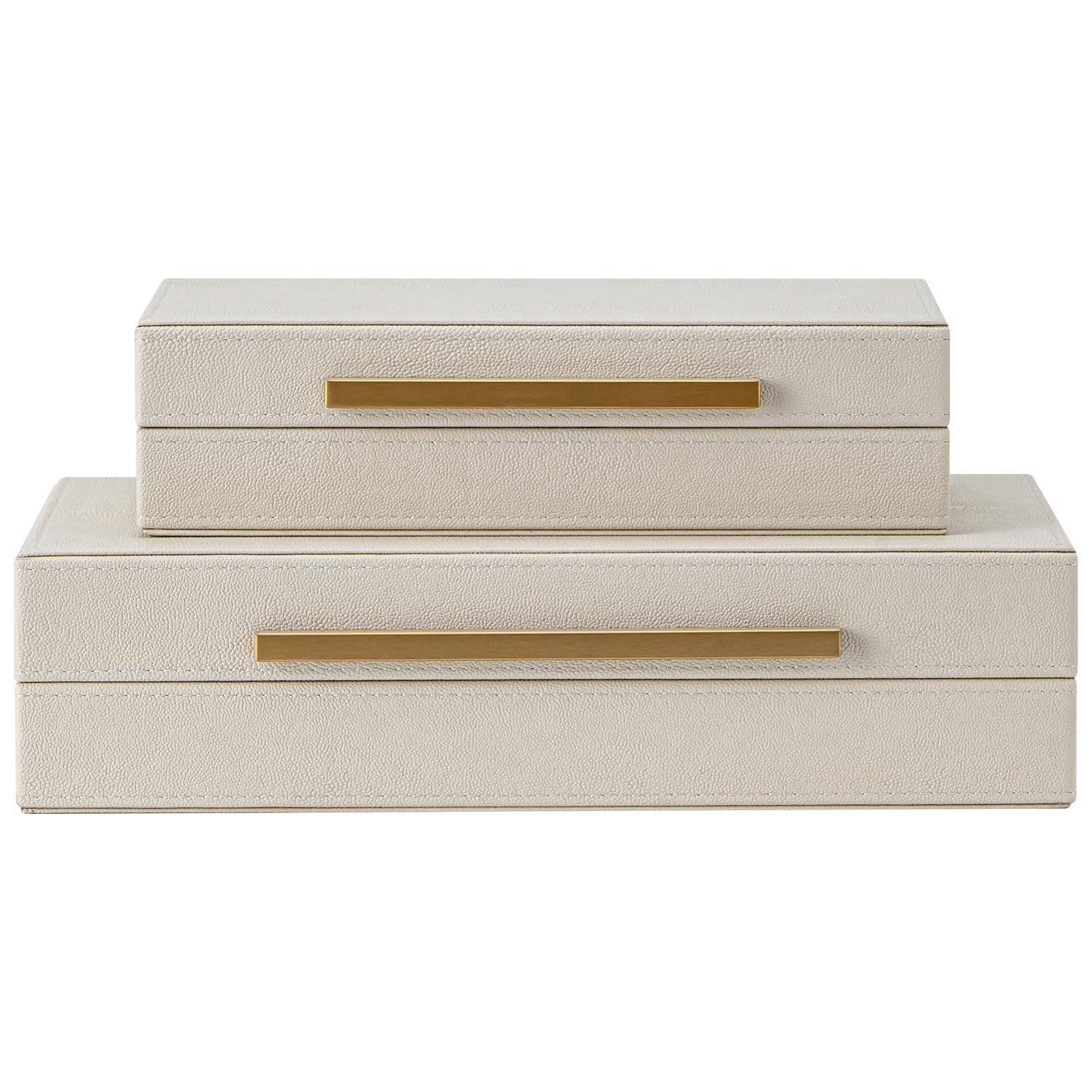 Set of 2 Beige Shagreen Decorative Storage Boxes with Gold