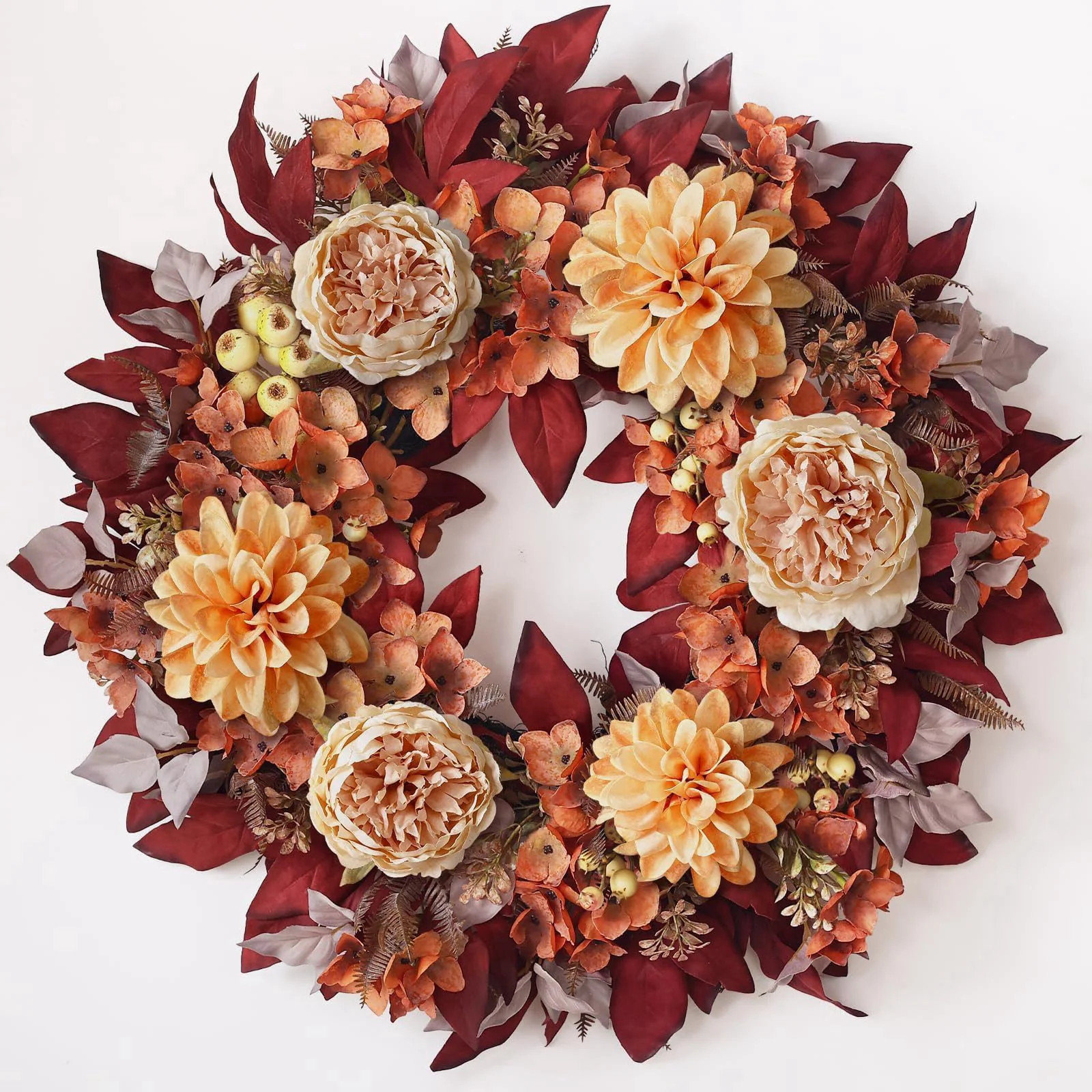 24 Fall Artificial Peony Dahlia Flower Wreath for Front Door