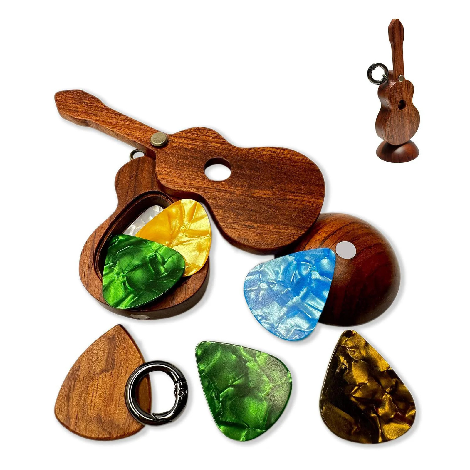 Guitar Pick Holder with Guitar Picks Guitar Keychain Wooden