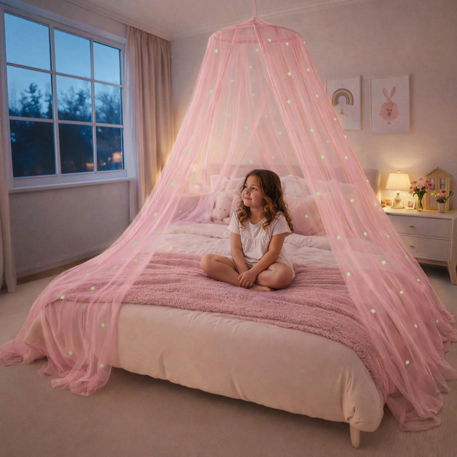 Pink Bed Canopy for Girls with Glowing Stars