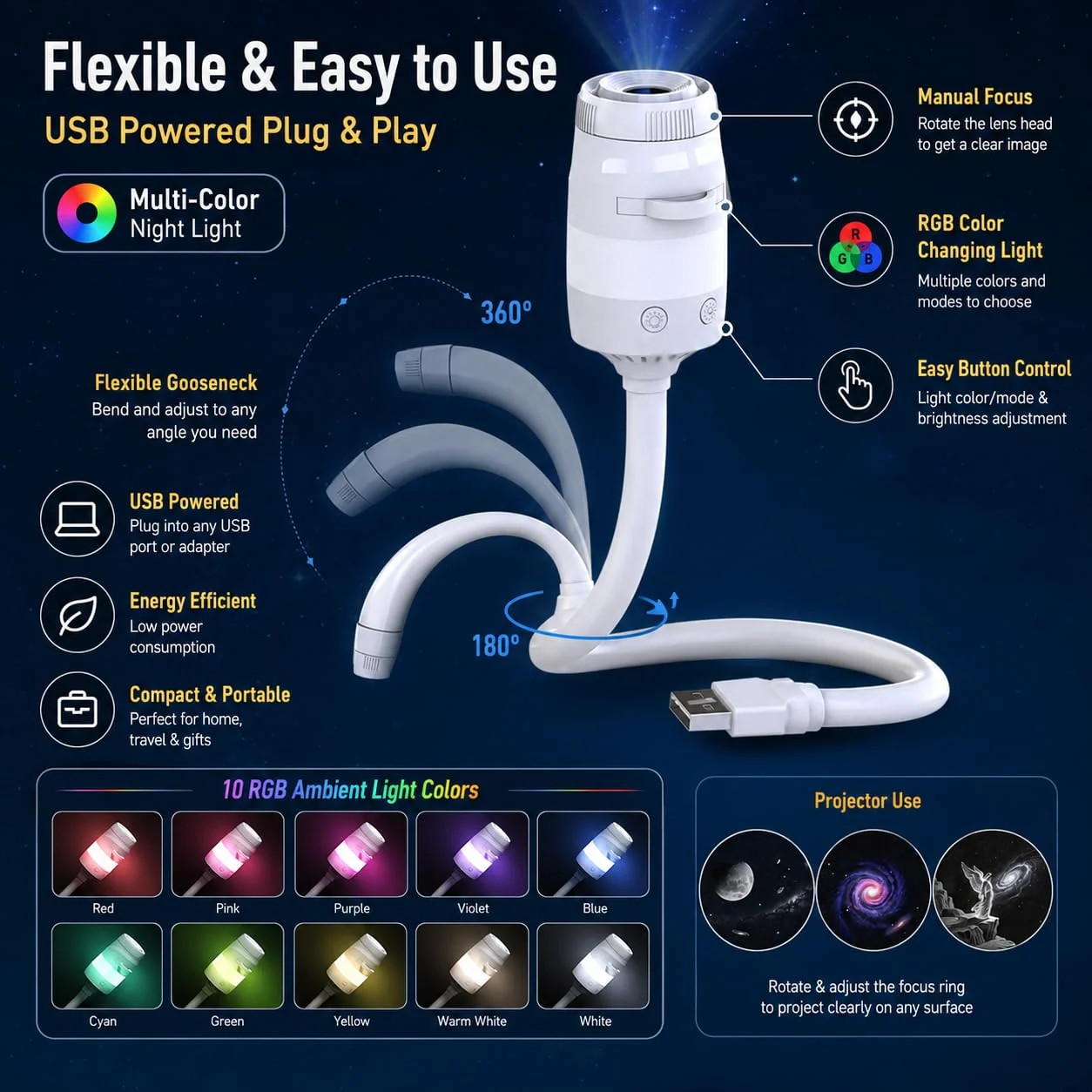 Galaxy Star Night Light Projector 2 in 1 USB Multicolor LED