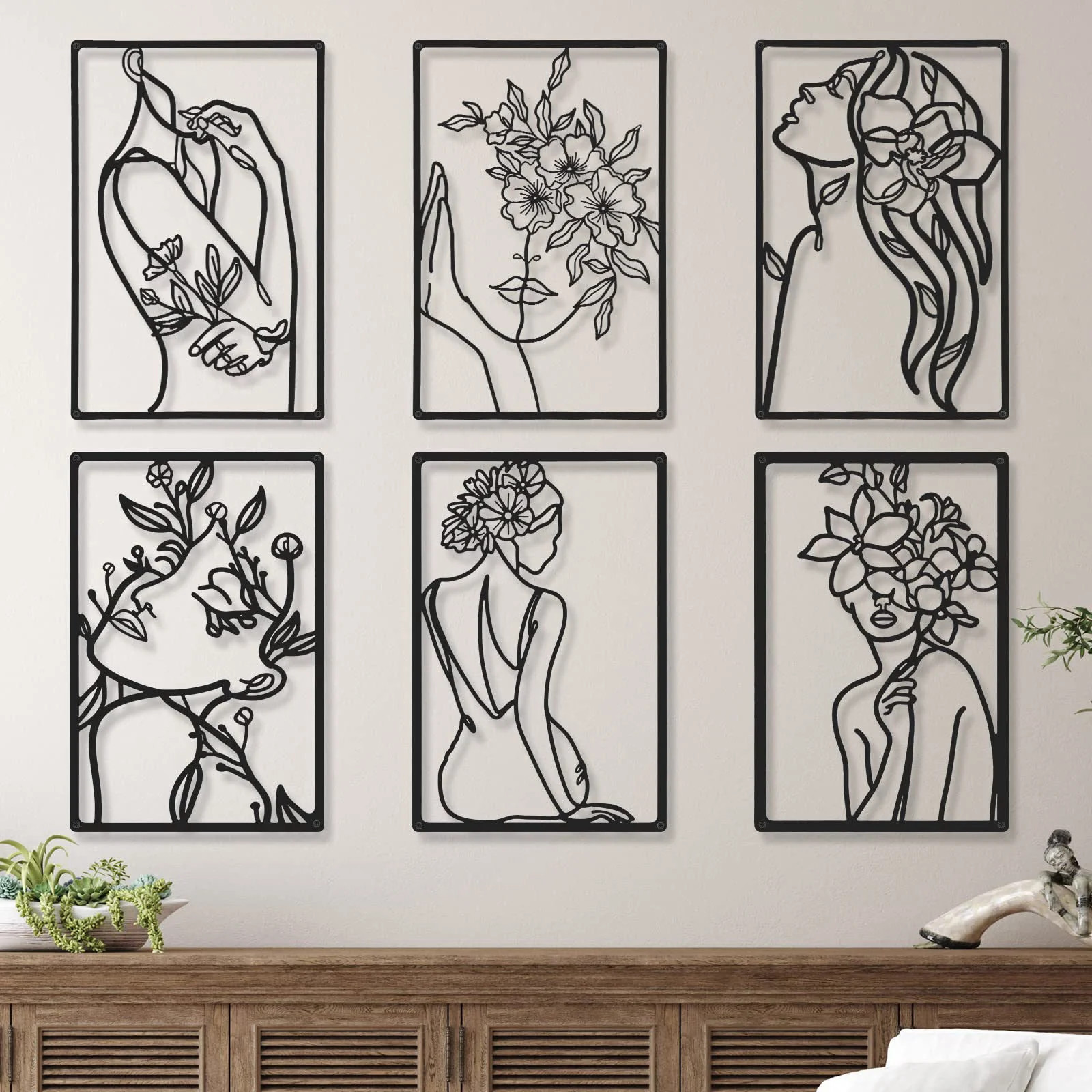 6 Pcs Black Metal Abstract Wall Art Minimalist Woman Flower