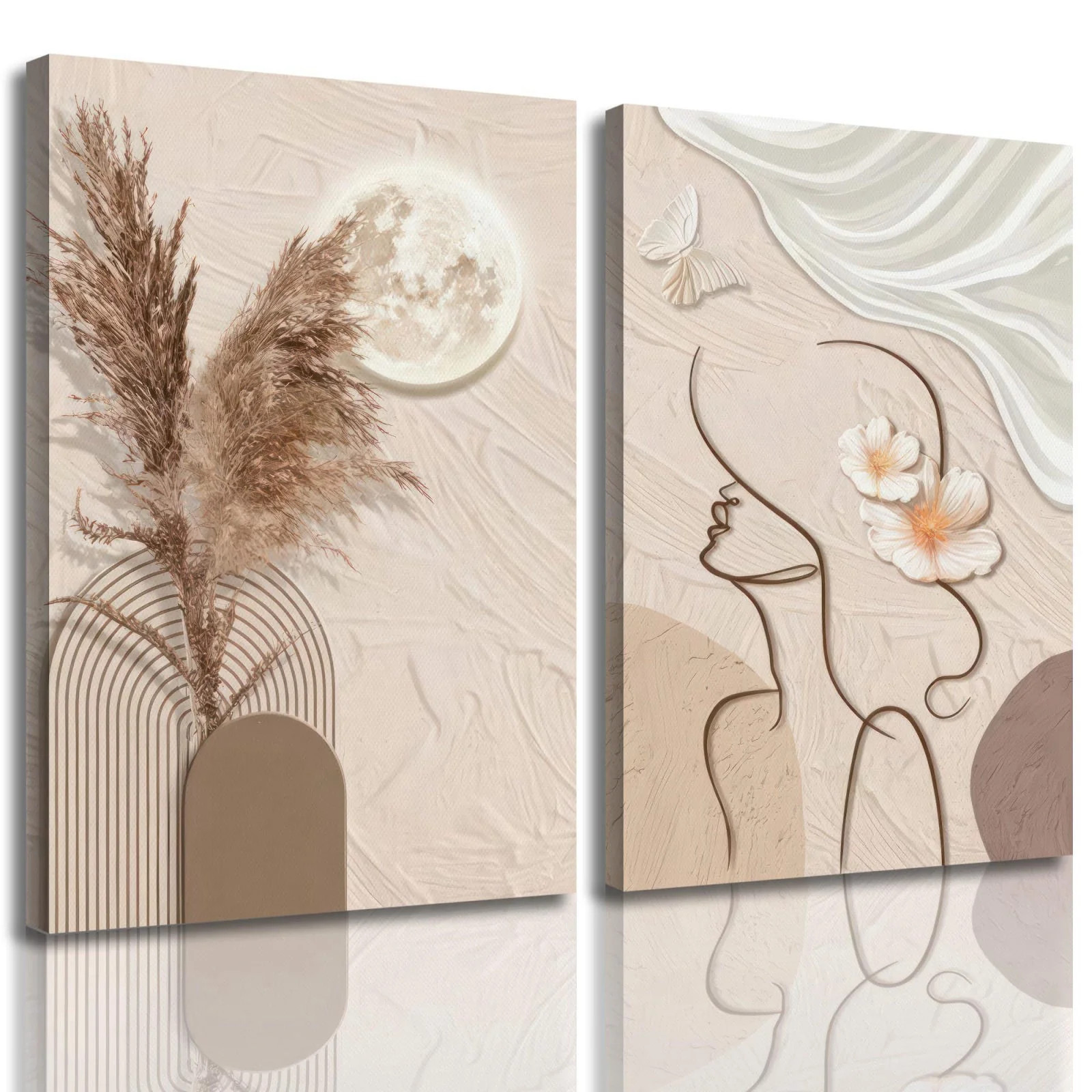 Abstract Line Woman Face with Pampas Grass Moon Canvas Wall
