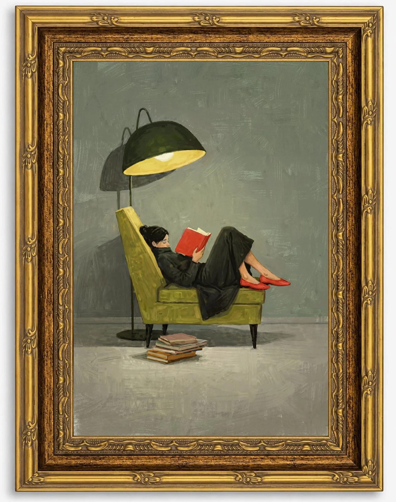 Gold Framed Vintage Woman Reading Canvas Wall Art for Living