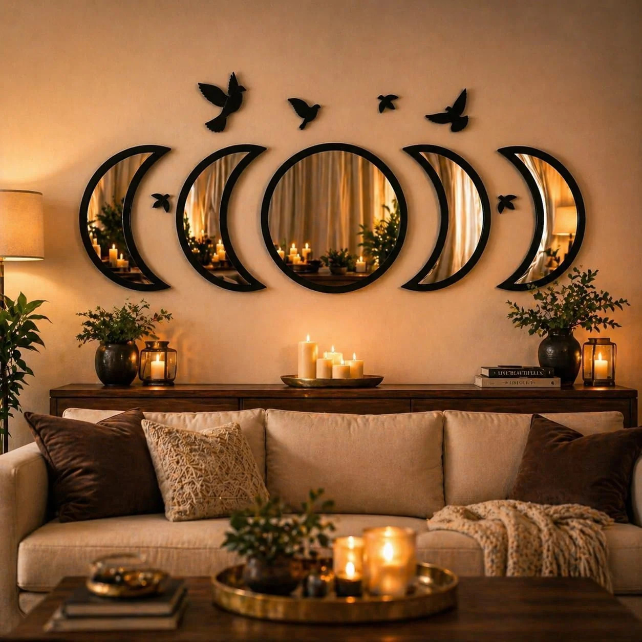NESHE Moon Phase Mirror Wall Decor Set with Birds