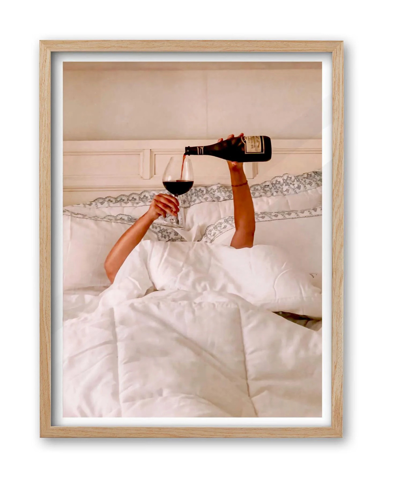 EcoHest 12x16 in Woman Drinking Wine in Bed Framed Wall Art