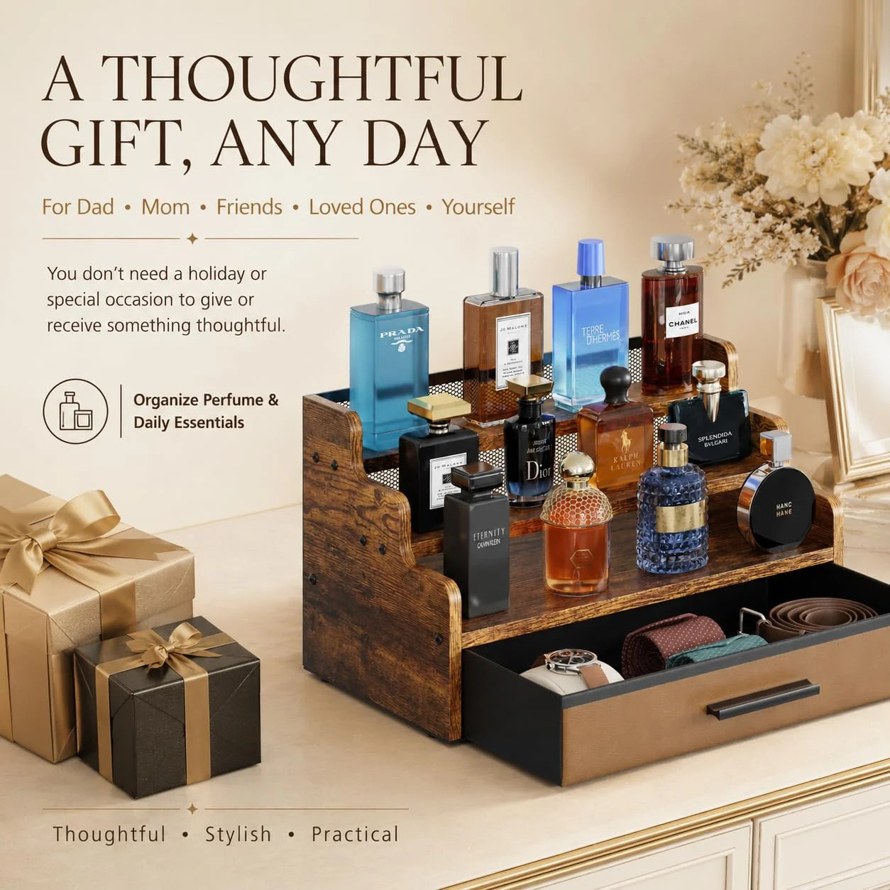 Yuzehuaza 3 Tier Cologne Stand with Drawer Wooden Cologne