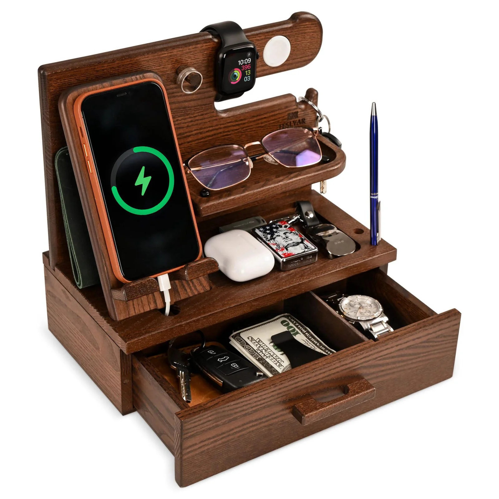 TESLYAR Wood Phone Docking Station with Drawer
