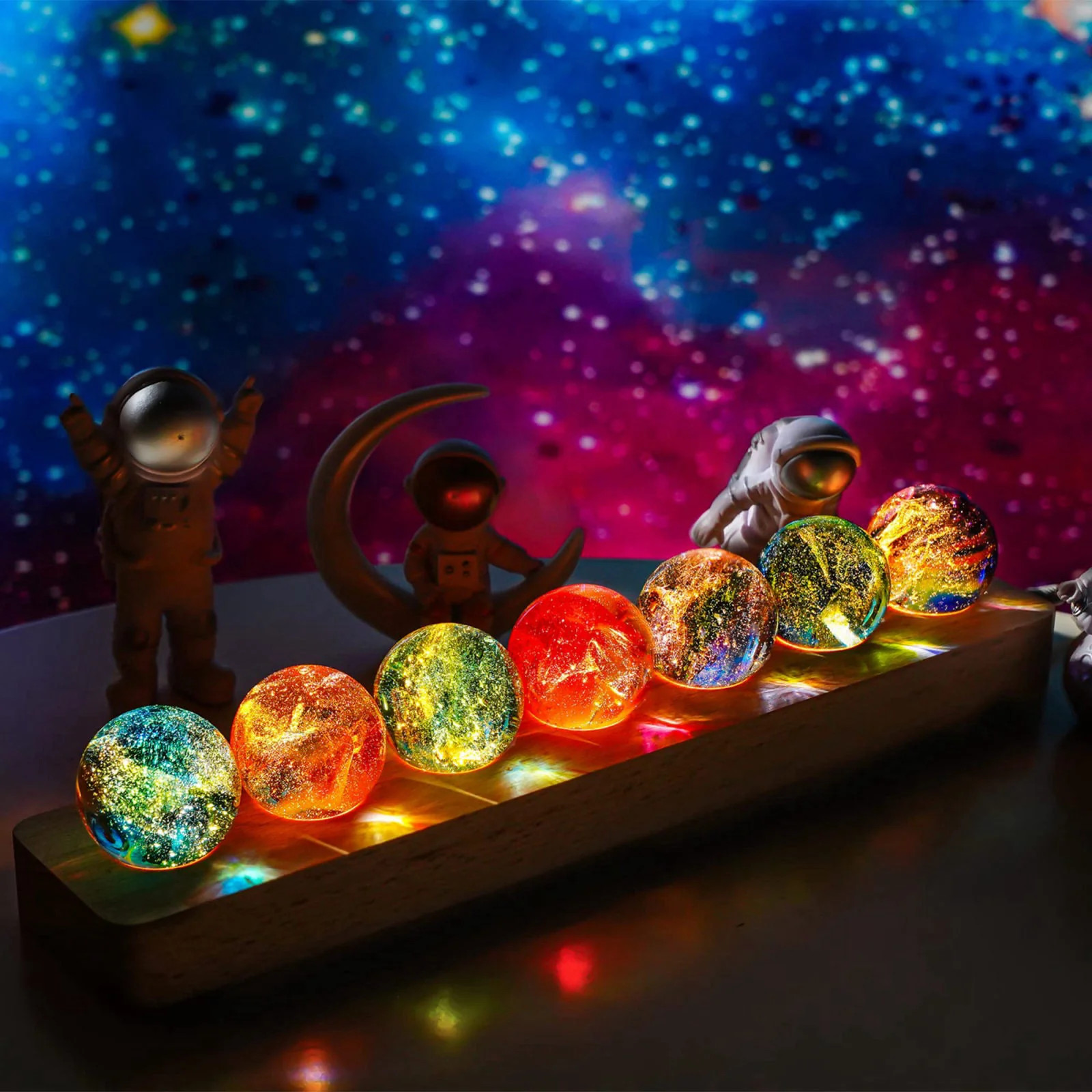 7 Chakra Natural Healing Crystal Spheres with LED Wooden