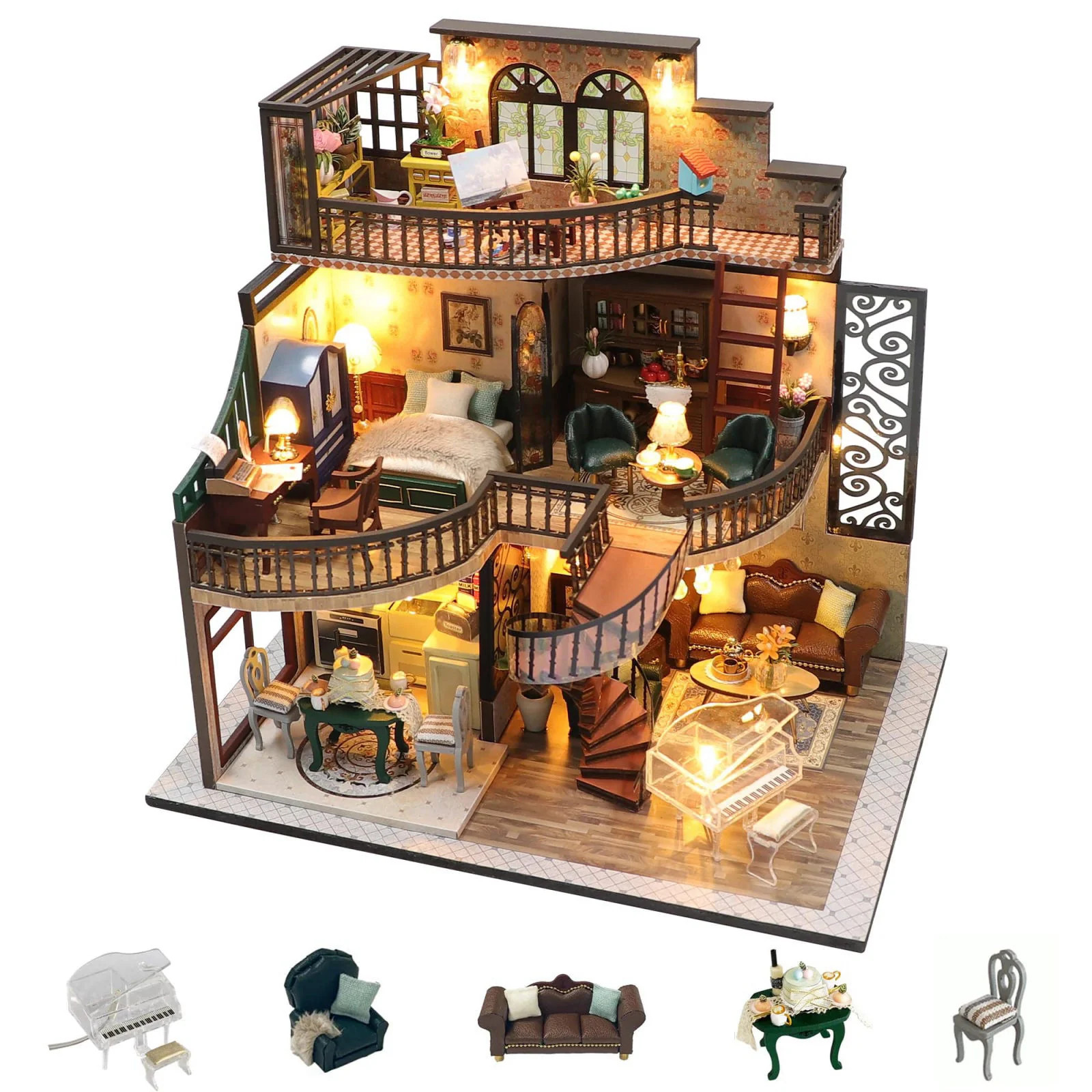Flever DIY Miniature House Kit Tiny Home Kit with LED Light