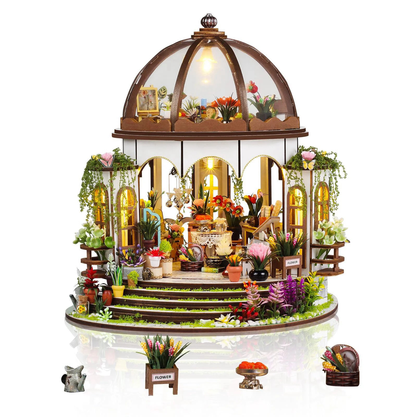 Flower Dollhouse Kit DIY Miniature House Kit LED Lights for