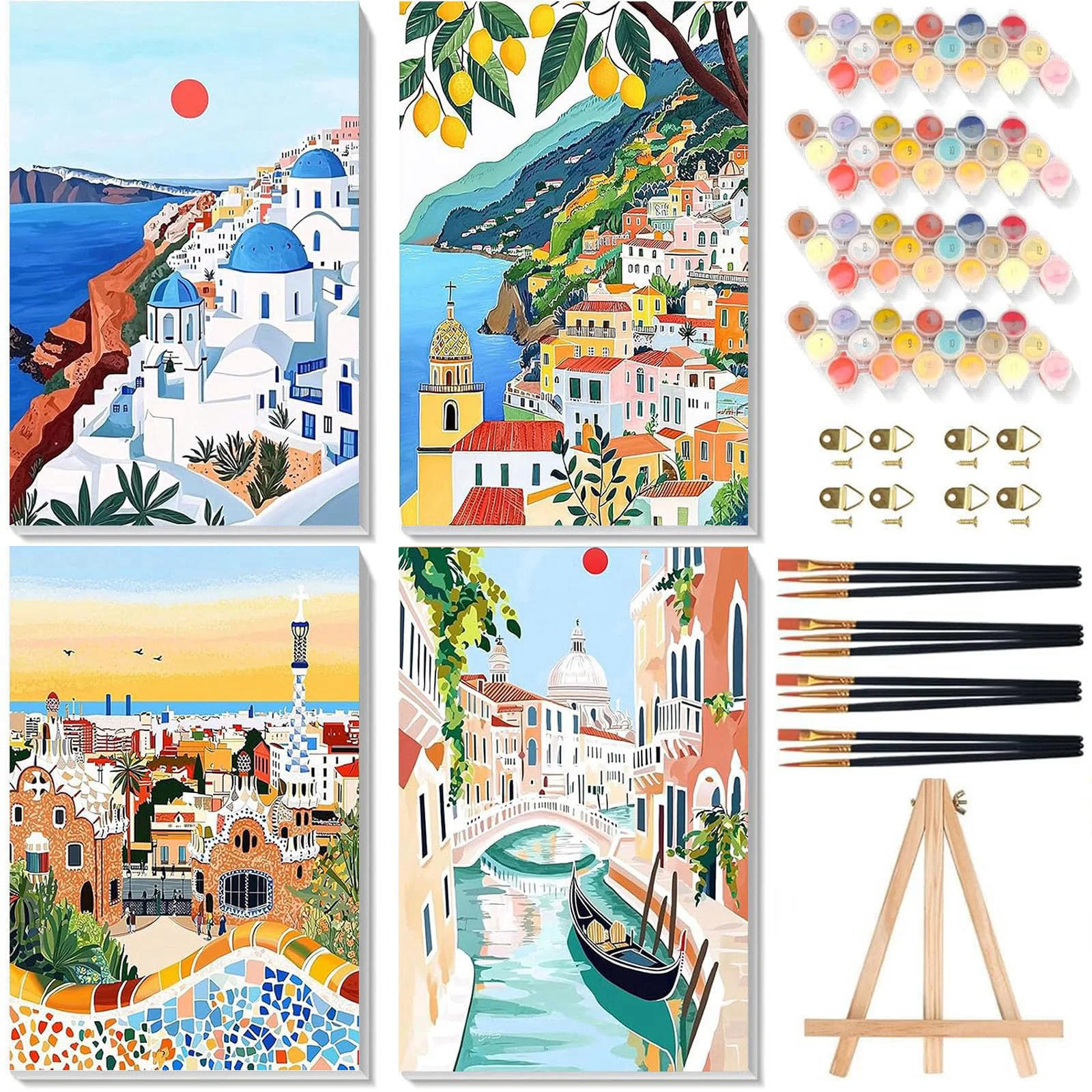 4 Pcs Cityscape Paint by Numbers for Adult with Frame Canvas
