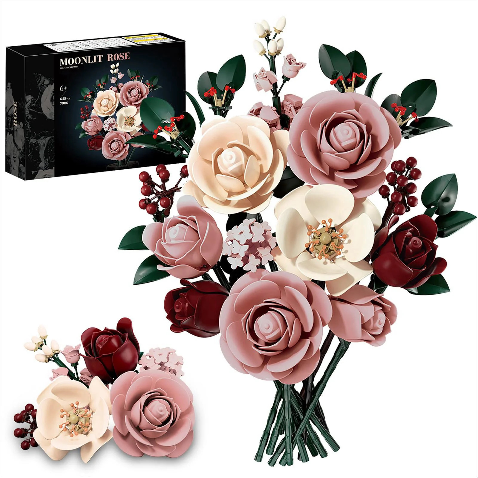 Pink Red Rose Flower Bouquet Building Set 645PCS Moonlit