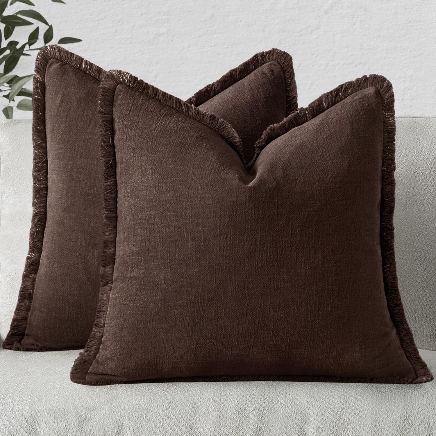 MIULEE Linen Fringe Decorative Fall Throw Pillow Covers Dark