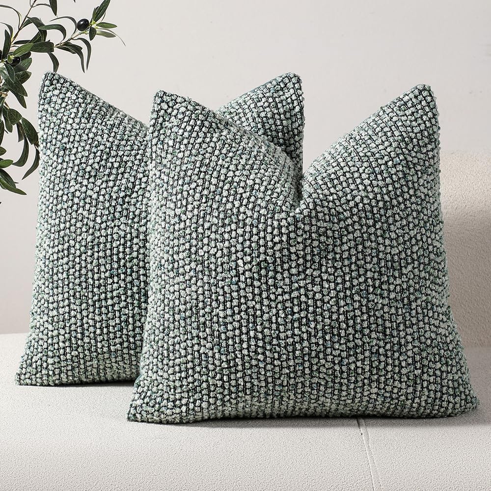 Striped Throw Pillow Covers 18x18 Set of 2 Green Textured