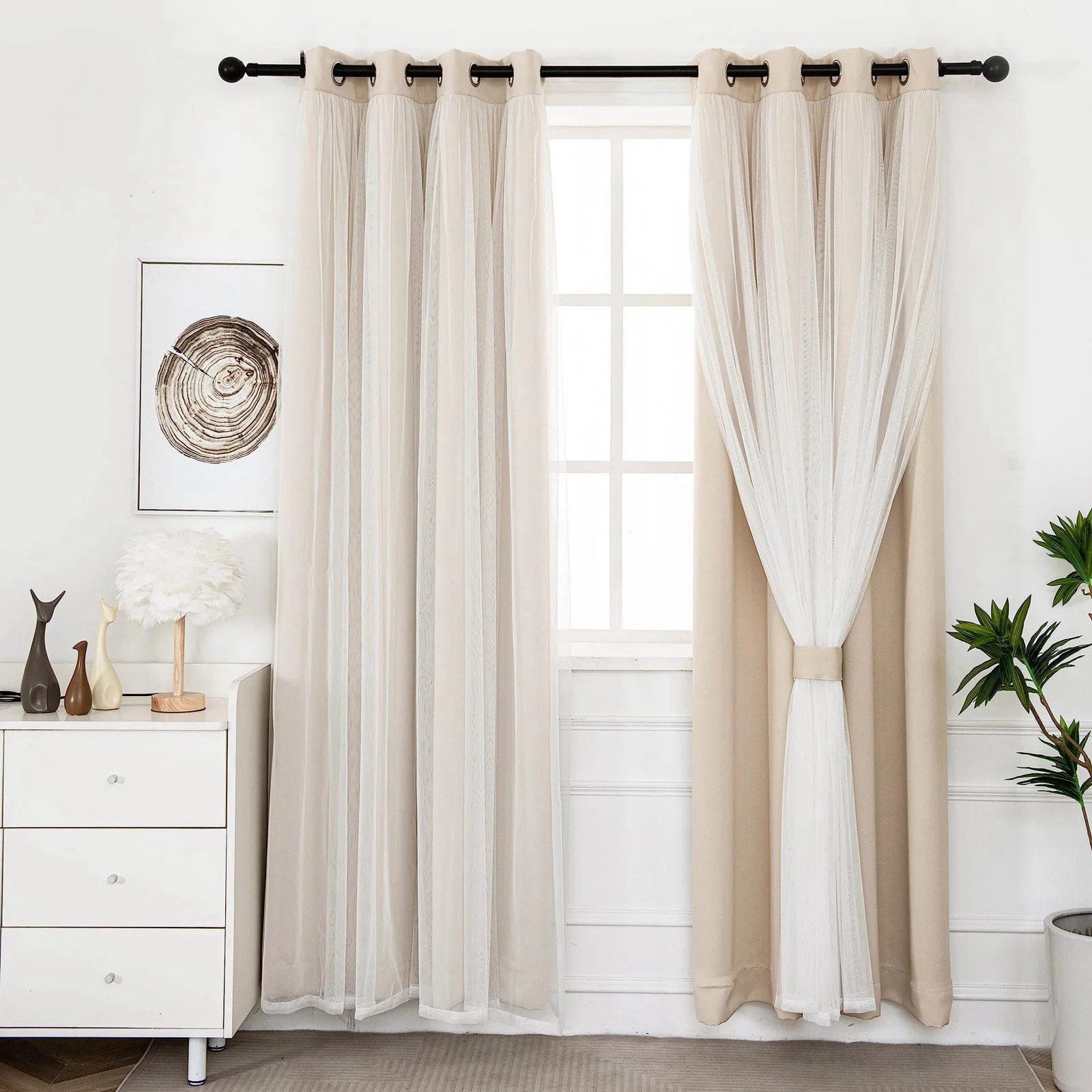 INLINAS Blackout Curtains with Sheer Overlay Beige 52x84