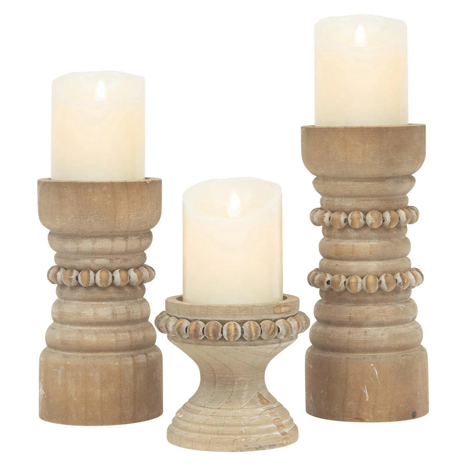 Rustic Natural Wood Candle Holders Set of 3 Farmhouse Beaded