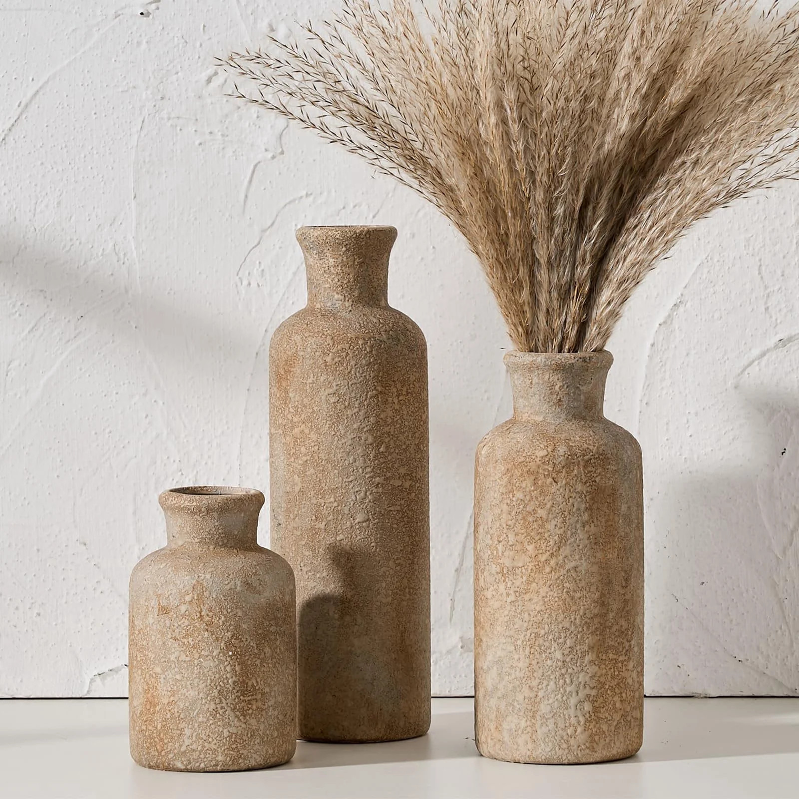 Ceramic Rustic Farmhouse Vase Set of 3 Terracotta Vases for