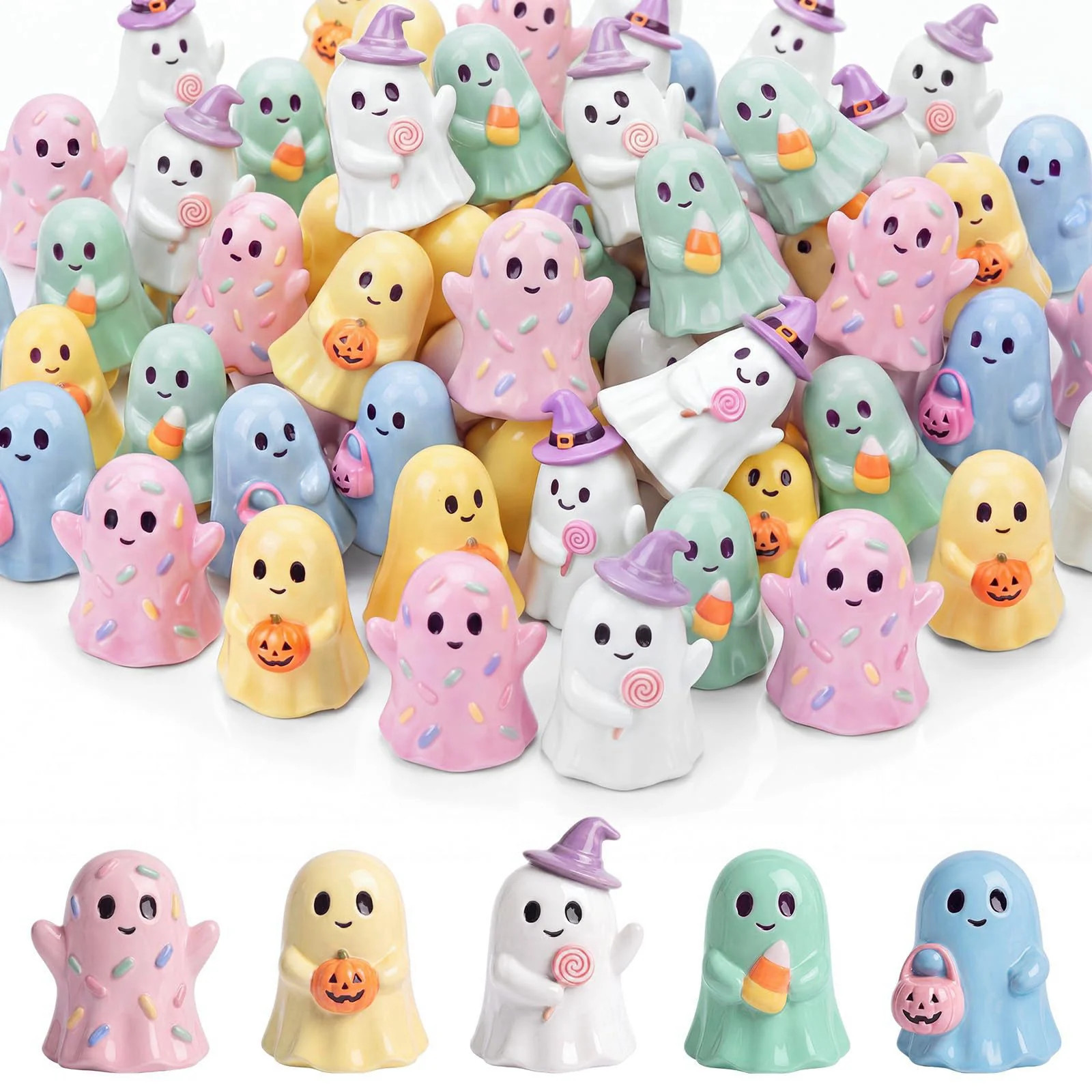 Qunclay 100 Pcs Halloween Ghosts Figurines Decor Pastel Tiny