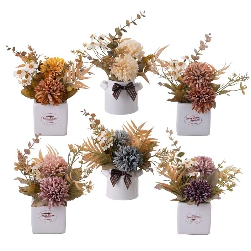 LUEUR 6PCS Artificial Fall Flowers with Ceramic Vase