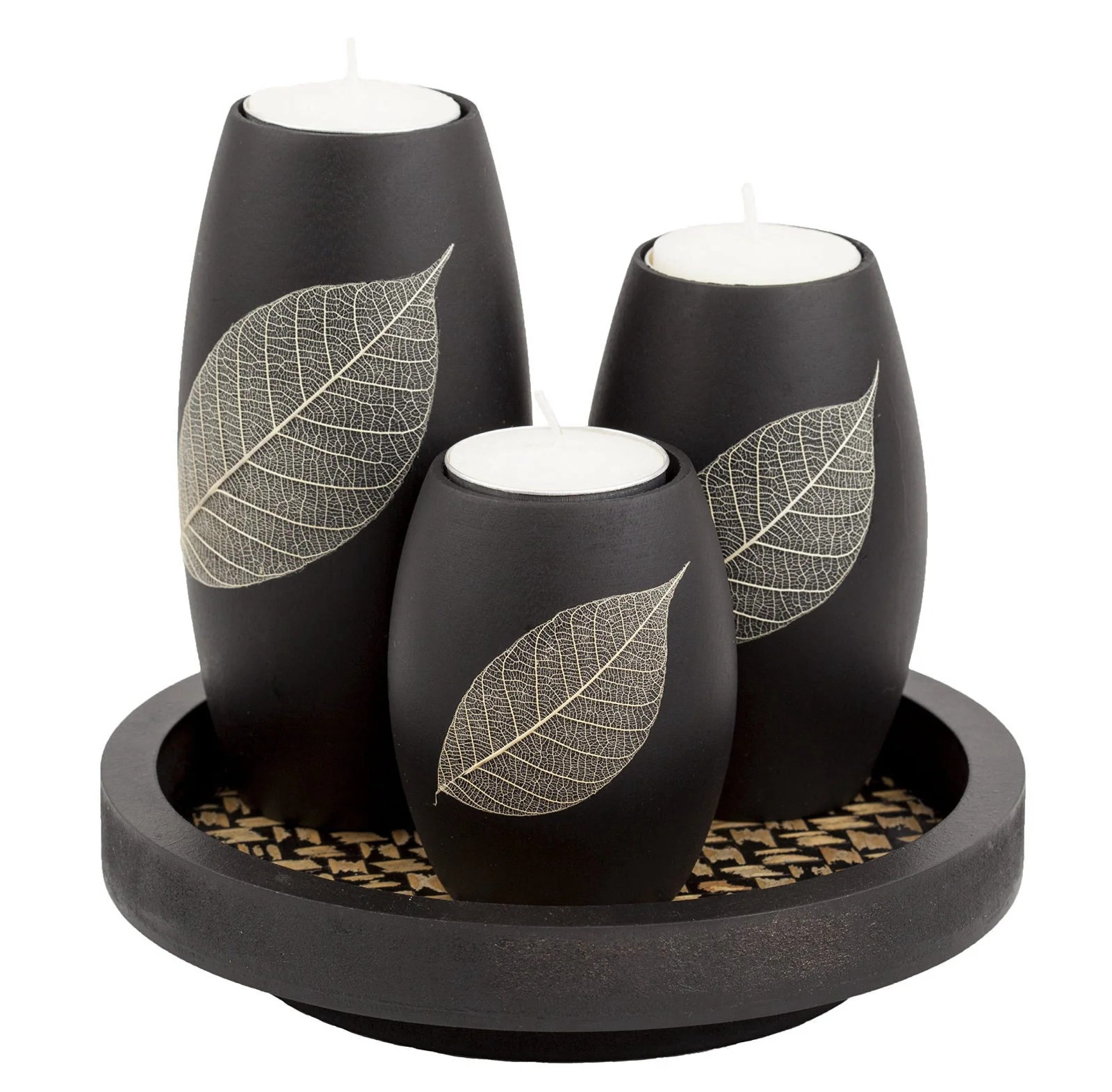 IYARA CRAFT Candle Holder Set with Tray 3 Handmade Wood