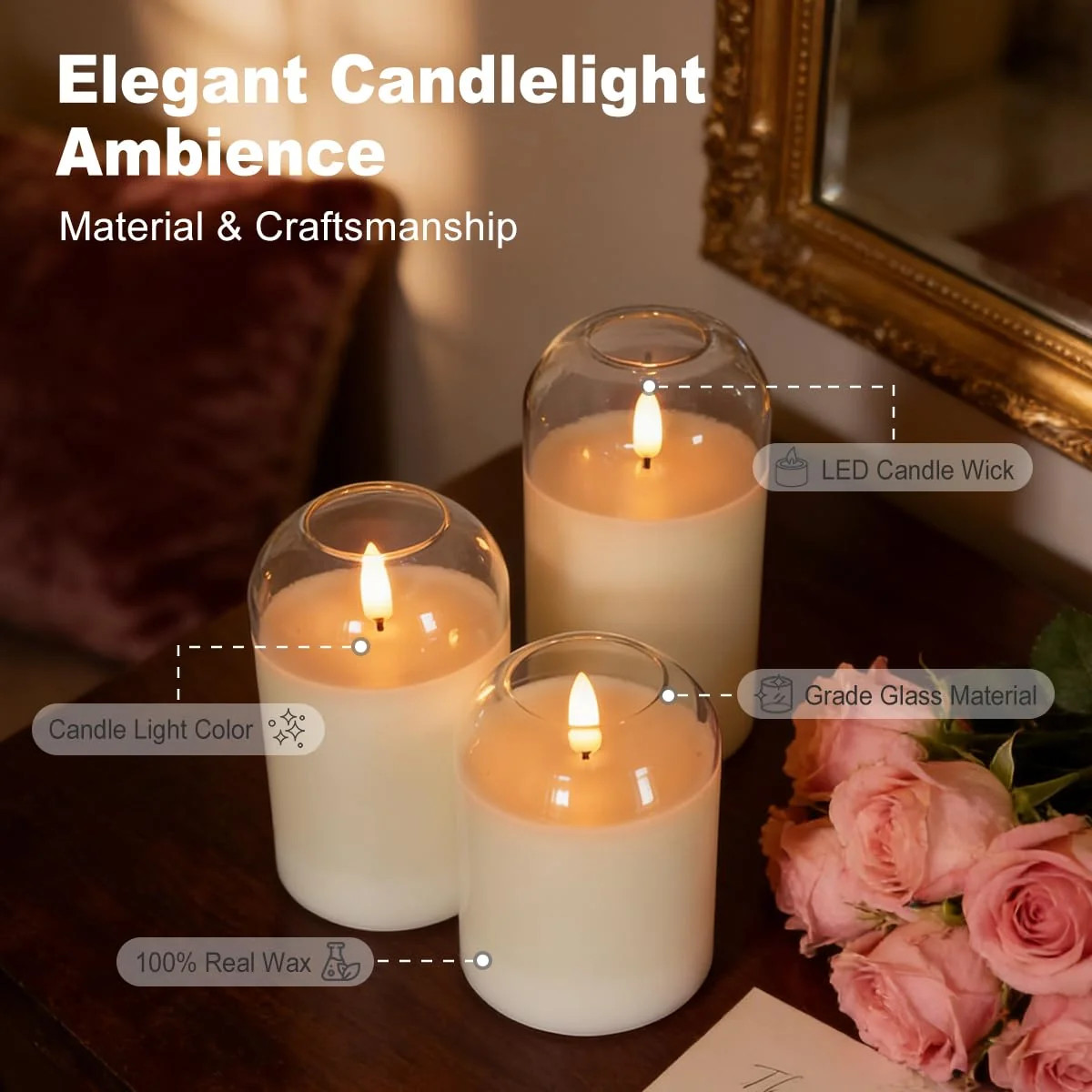 LEDHOLYT Rechargeable Glass Jar Flameless Candles Realistic