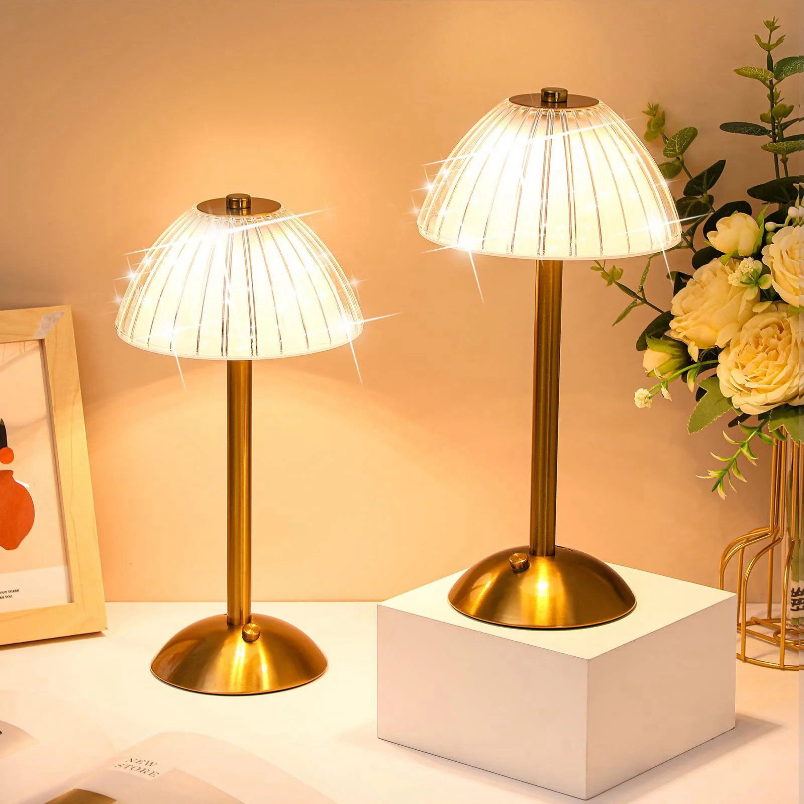 Liliful 2 Pcs Cordless Table Lamp LED Touch Gold Mushroom