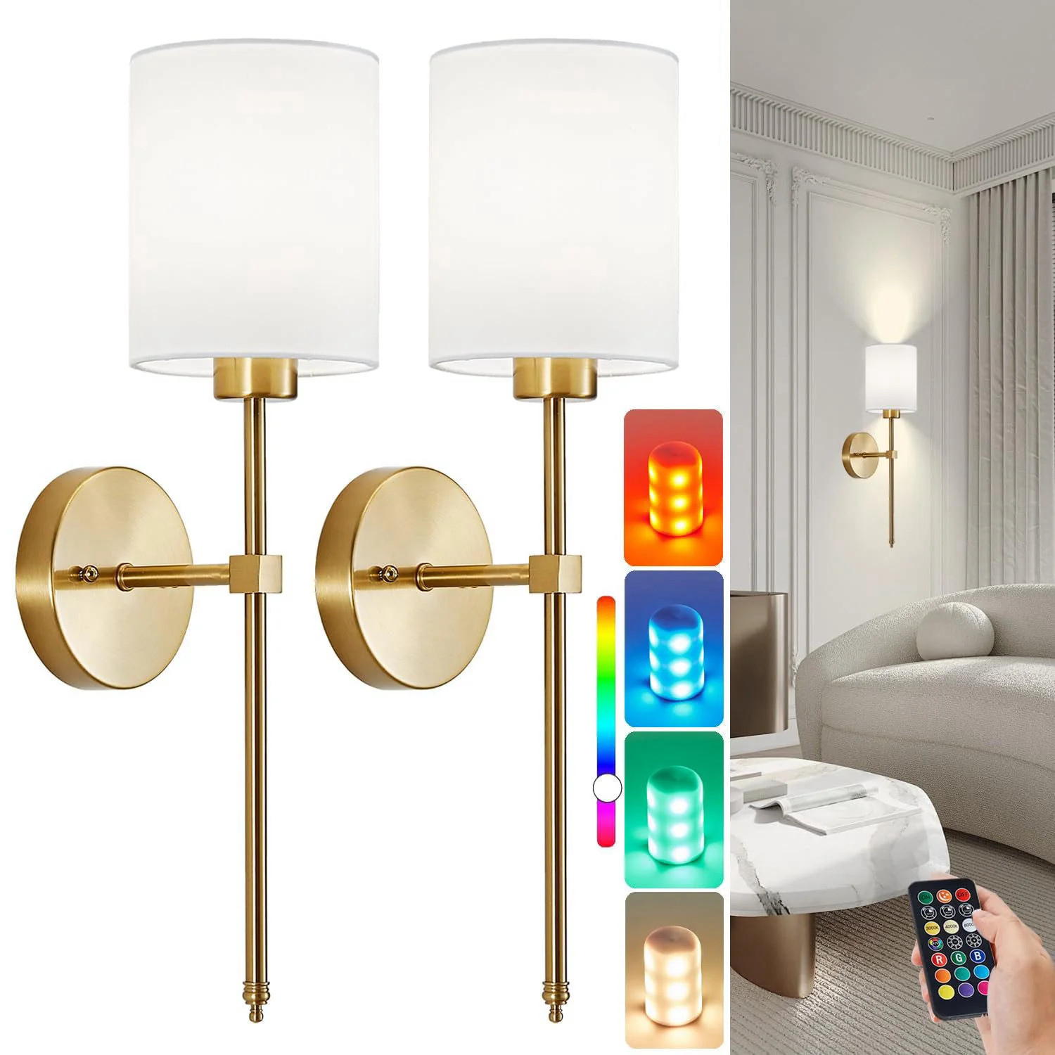Battery Operated Wall Sconce Set of 2 Brushed Gold