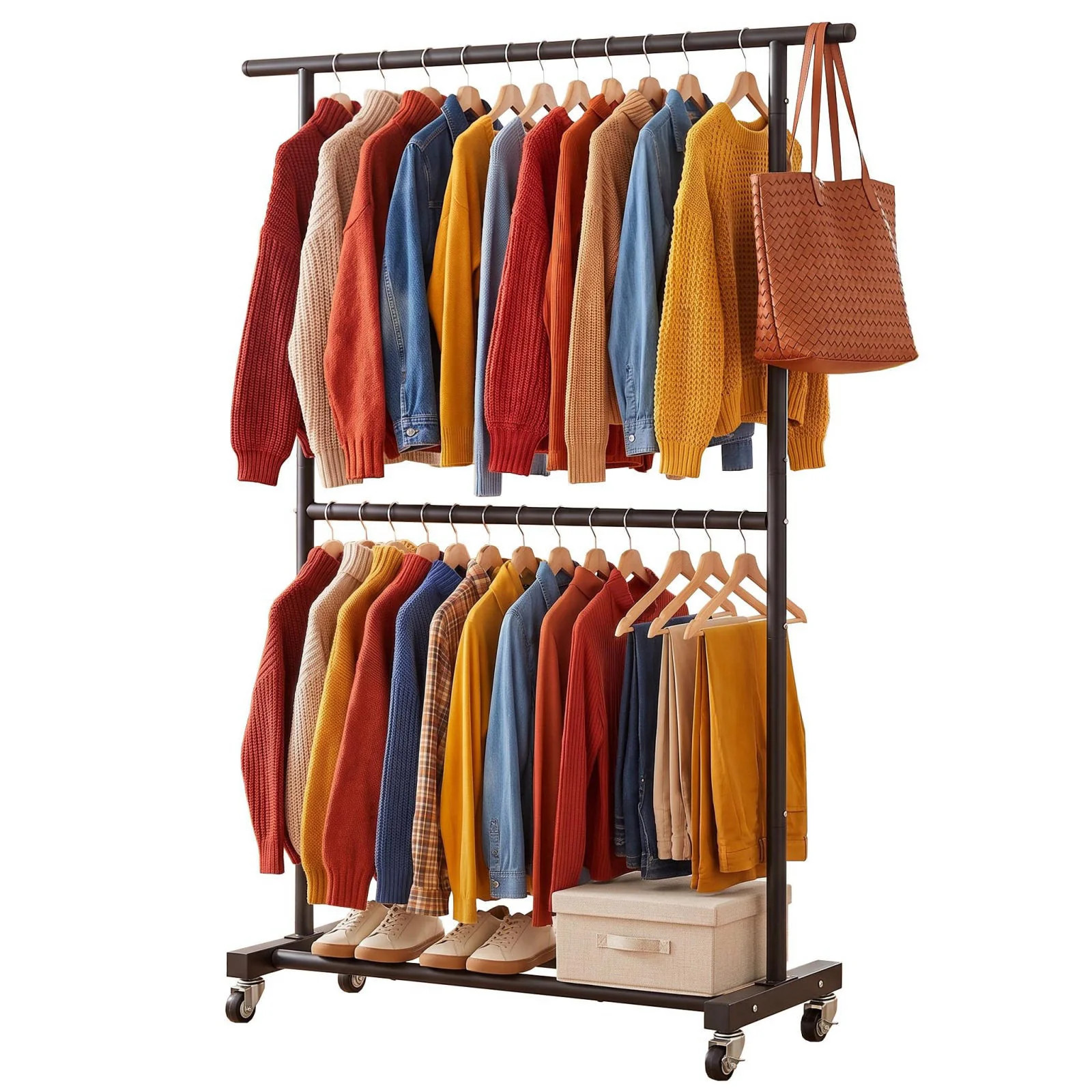 Sywhitta Double Rod Metal Clothing Garment Rack on Wheels