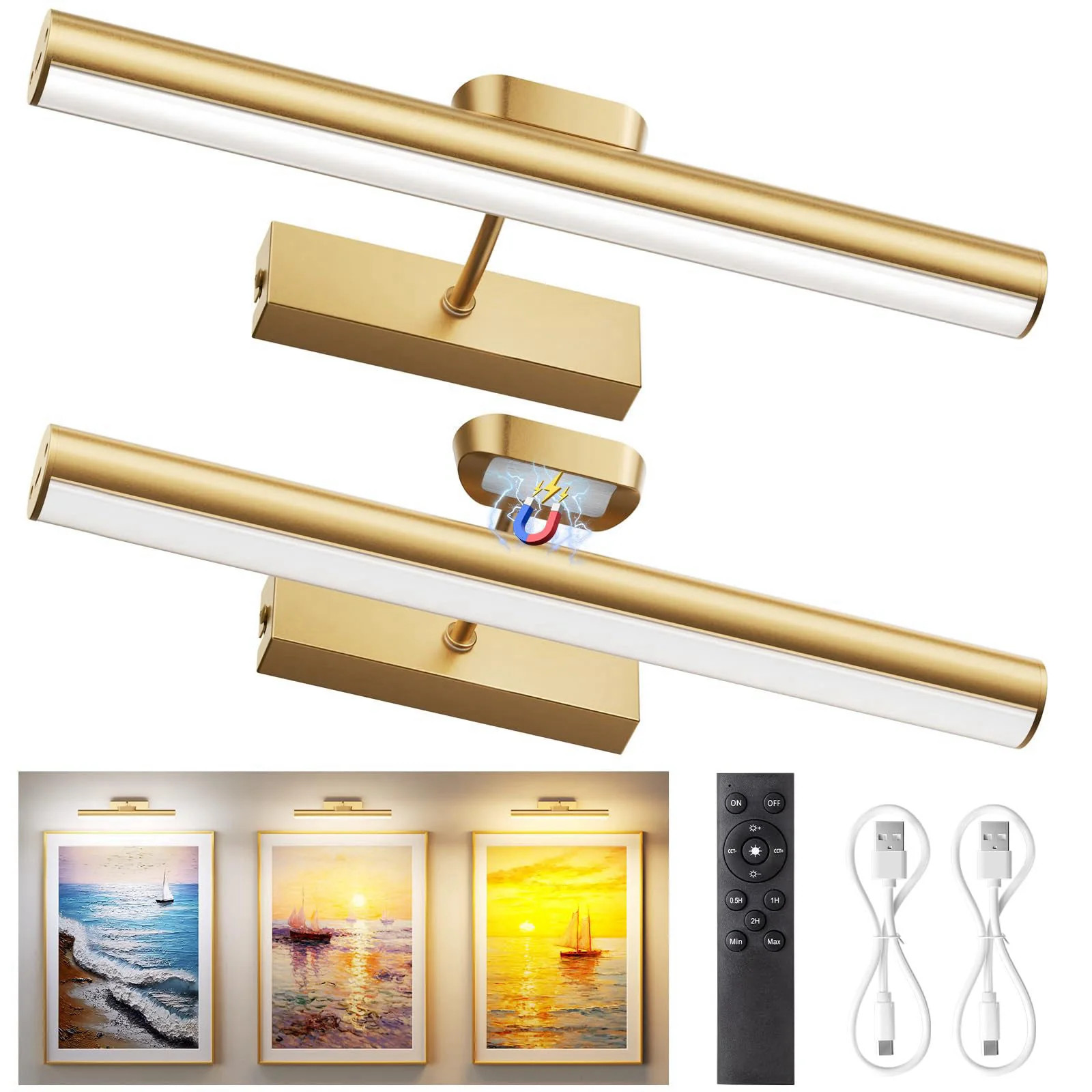 13 8 Cordless Picture Light for wall Gold 2 Pack