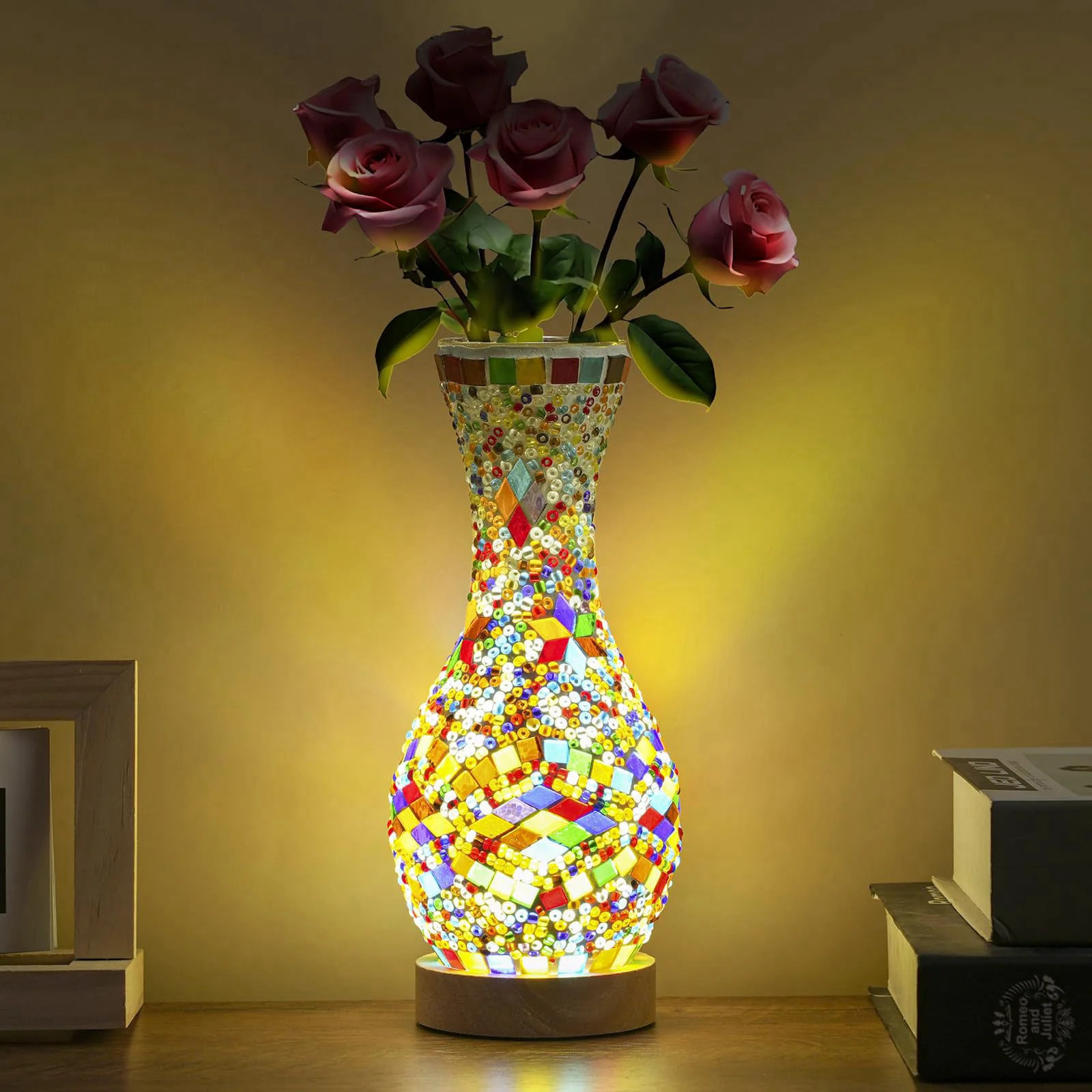 Mosaic Vase Lamp Turkish Table Lamp with Wood Base USB LED