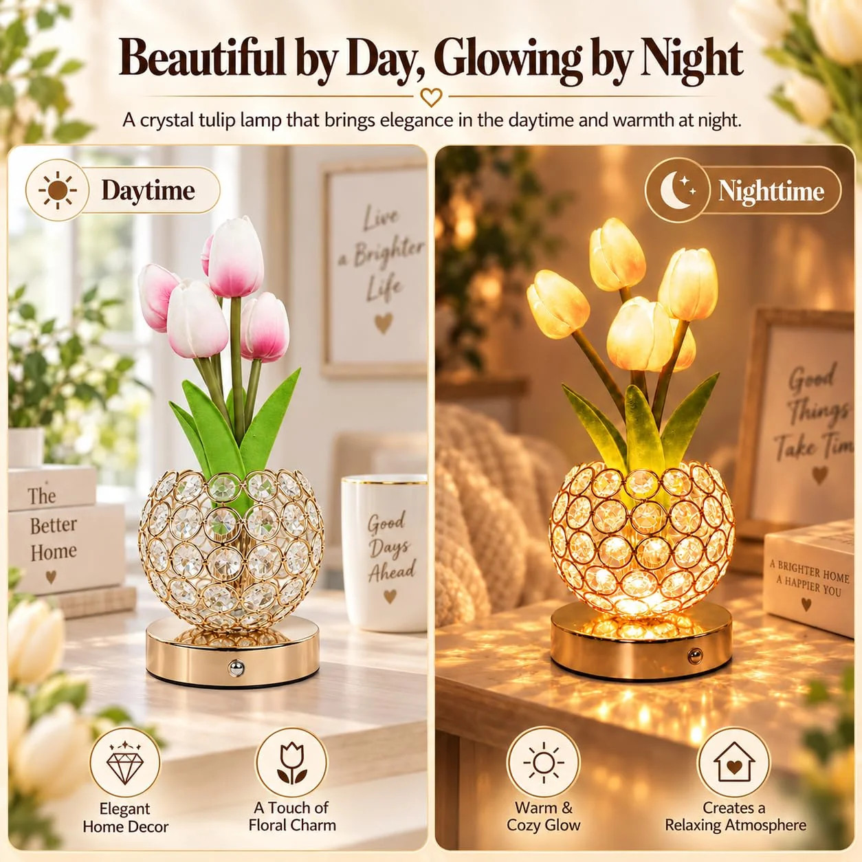 4000mAh Rechargeable Tulip Lamp Cordless Bedside Nightstand