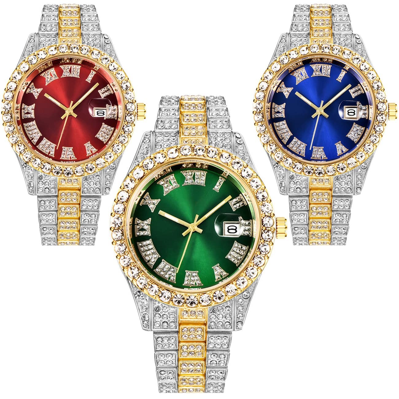 3 Pack Luxury Men Hip Hop Watch with Roman Scale Calendar