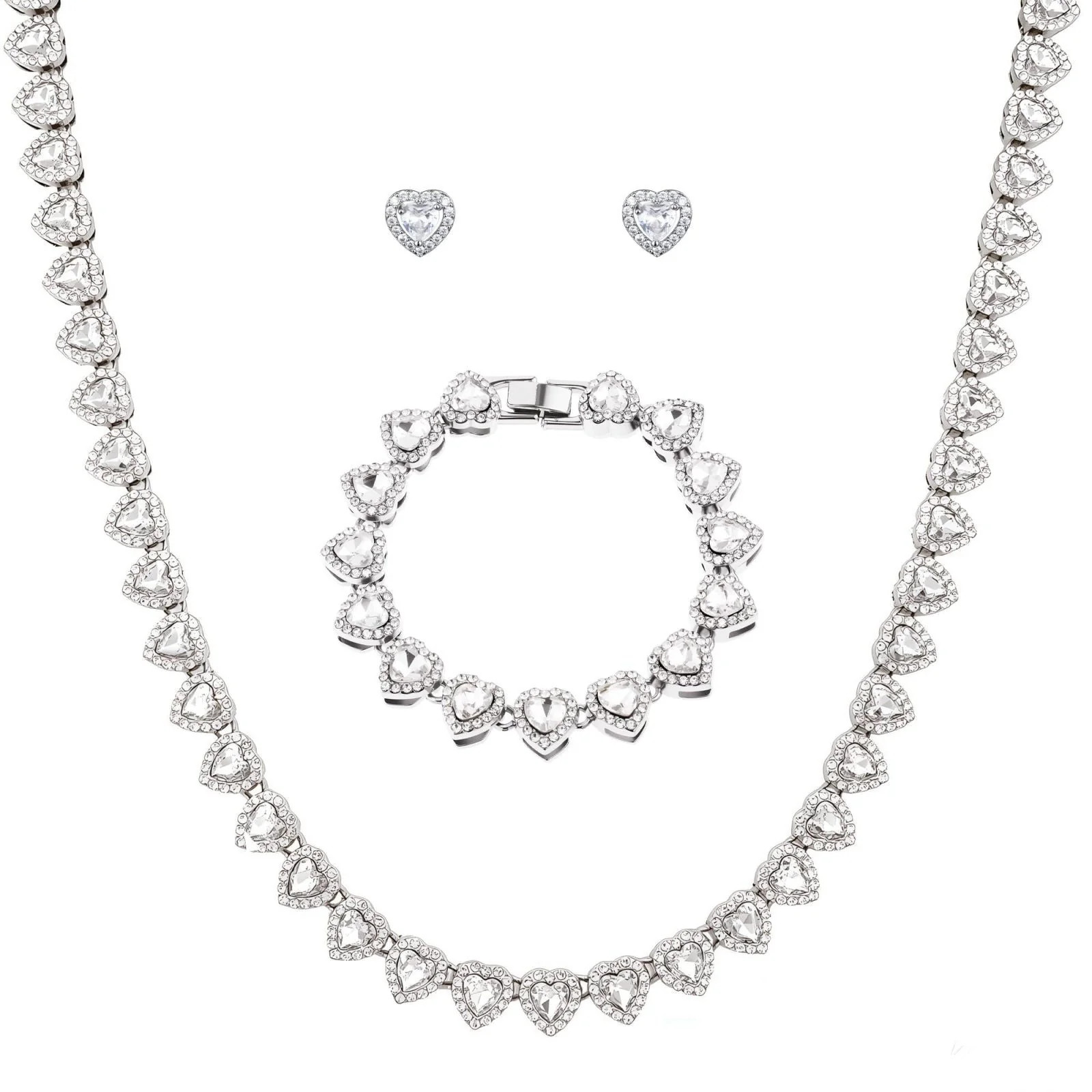 fasone Rhinestone Hearts Necklace Iced Out Hearts Jewelry