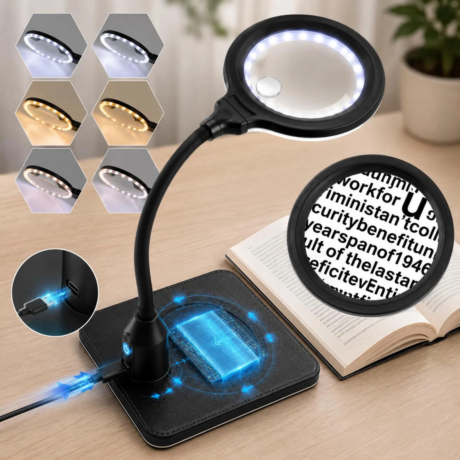 15X 30X Rechargeable Magnifying Glass with Light and Stand