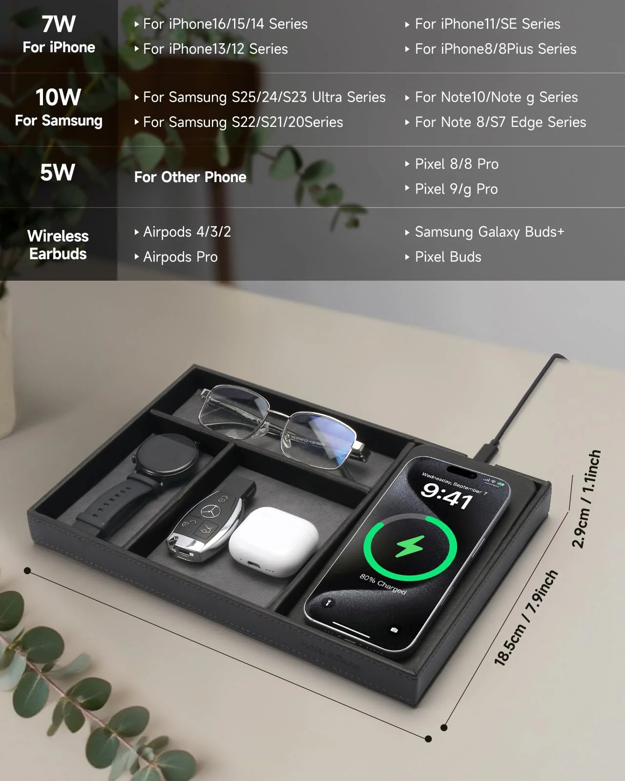 Valet Tray Built in Wireless Charging Pad Nightstand
