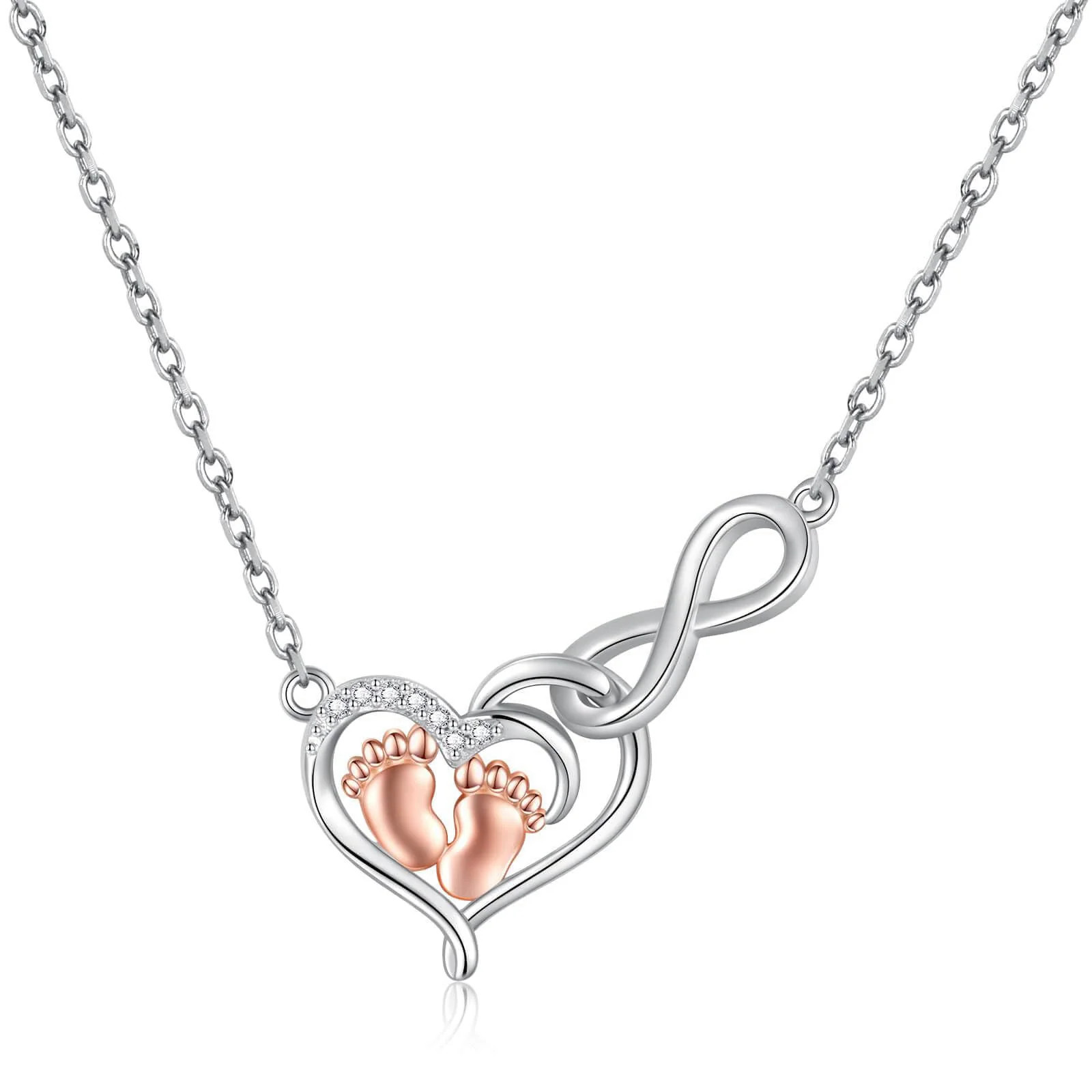 925 Sterling Silver Infinity Heart Little Feet Necklace for