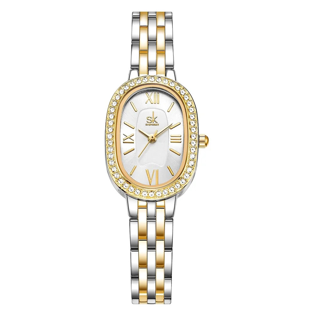 SHENGKE Women s Oval Crystal Accented Alloy Steel Watch