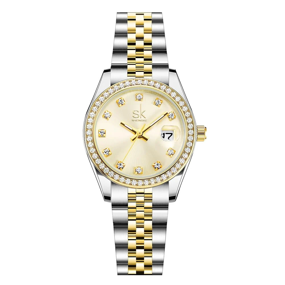 SHENGKE Women s Crystal Accented Calendar Watch