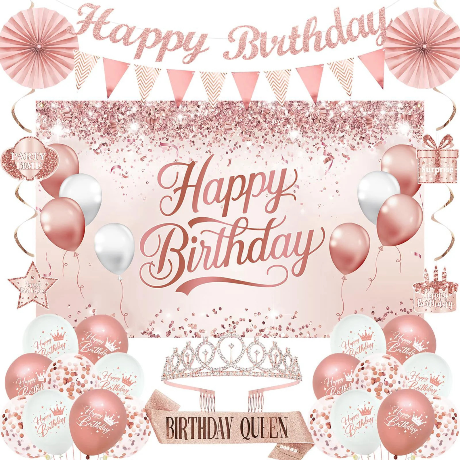 Birthday Decorations Party Set for Women Girls Rose Gold