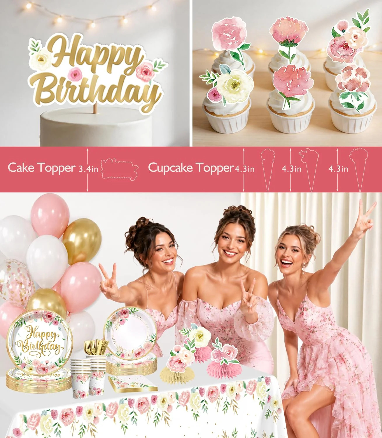 Flower Birthday Decorations Set 12oz Cups Serves 20 Guests