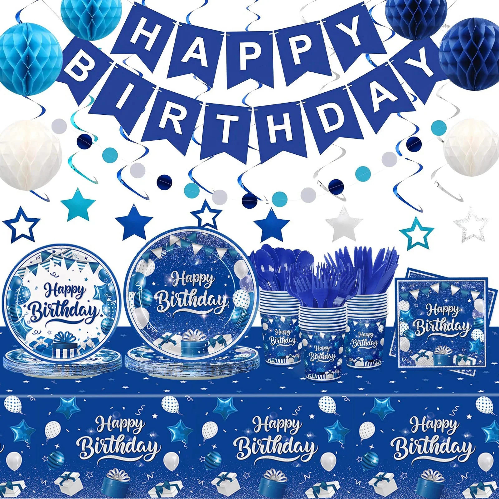 185pcs Happy Birthday Decorations Blue and Silver Plates