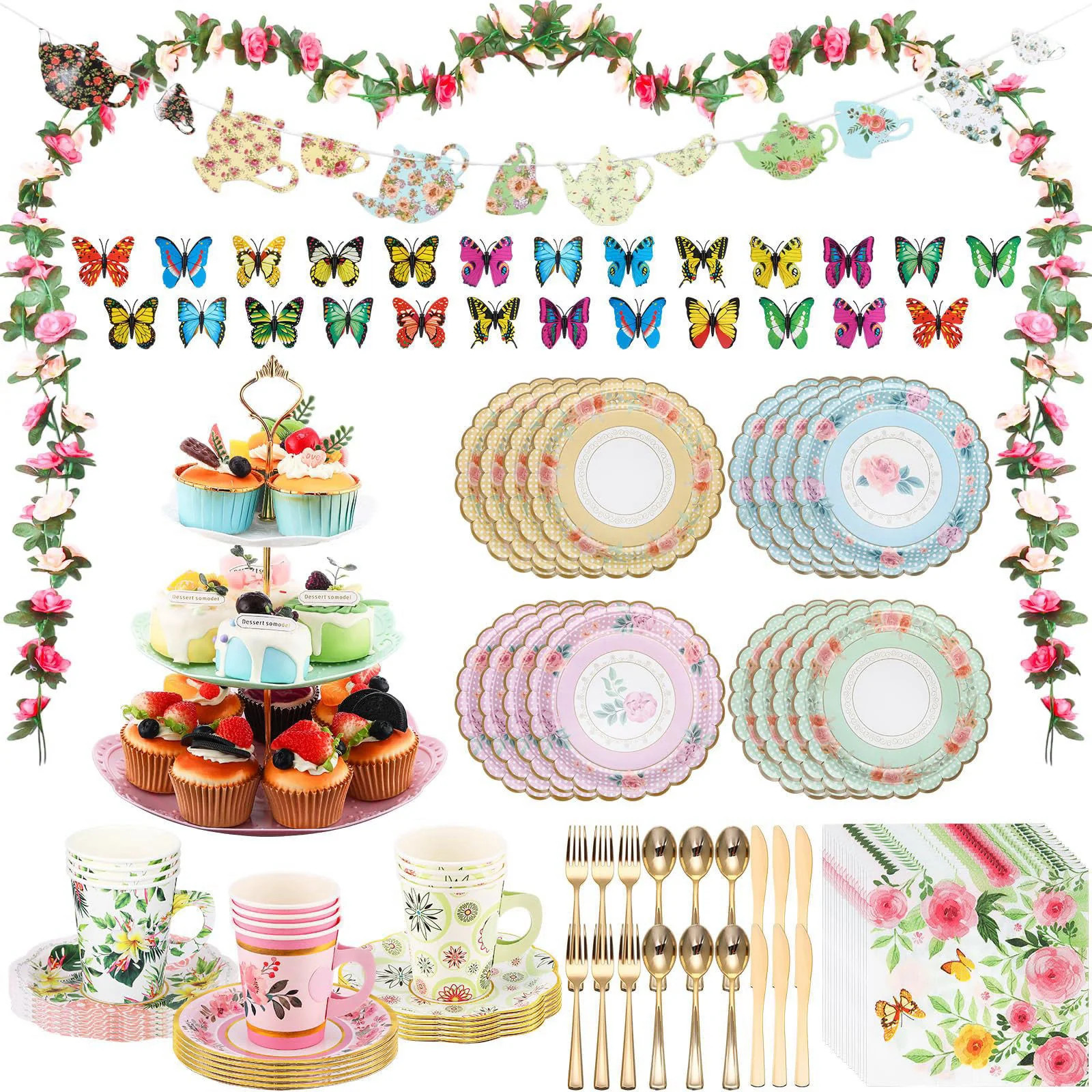 Teenyyou 121 Pcs Floral Tea Party Set for Bridal Shower 12