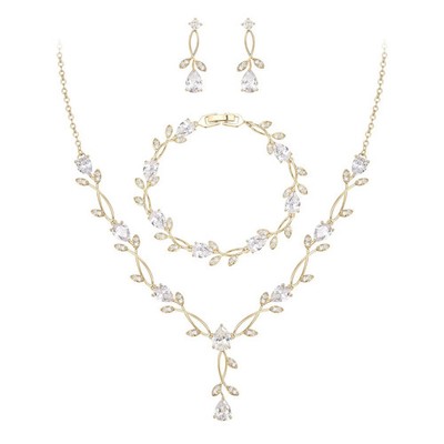 Bridal Jewelry Set Cubic Zirconia Pearl Leaf